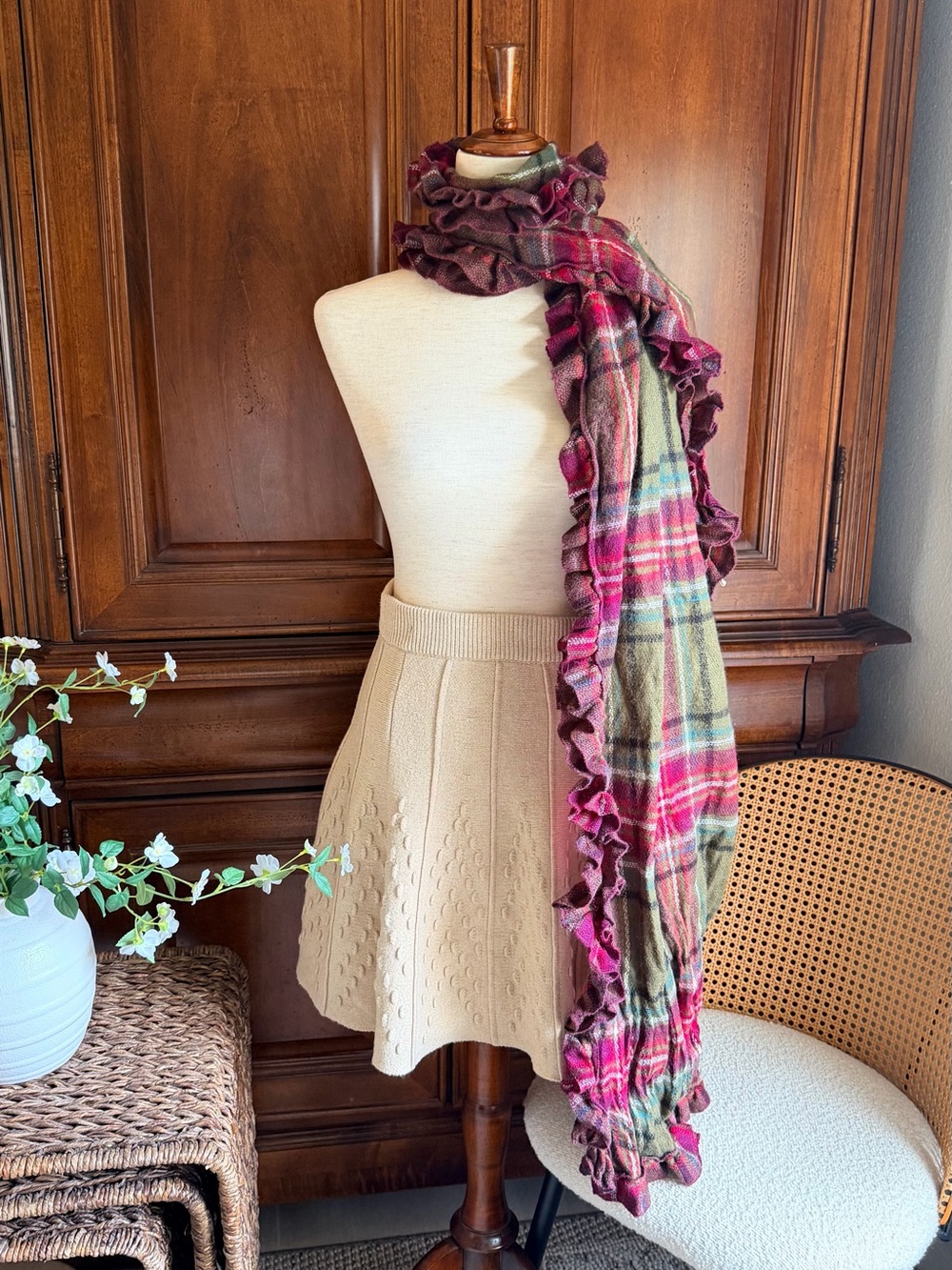 Collective Concepts Ruffled Plaid Scarf in Pink and Green